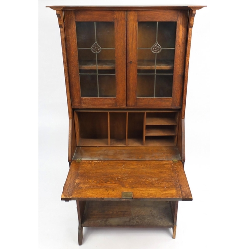 31 - Arts & Crafts oak students bureau bookcase, with leaded glazed doors, 1780cm high
