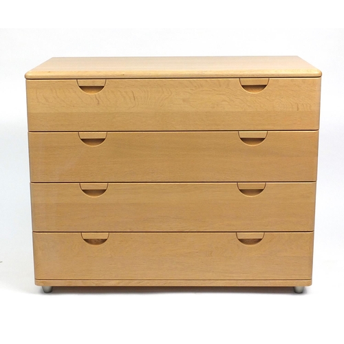 122 - Contemporary limed oak five drawer chest, tall six drawer chest and a pair of matching two drawer ni... 