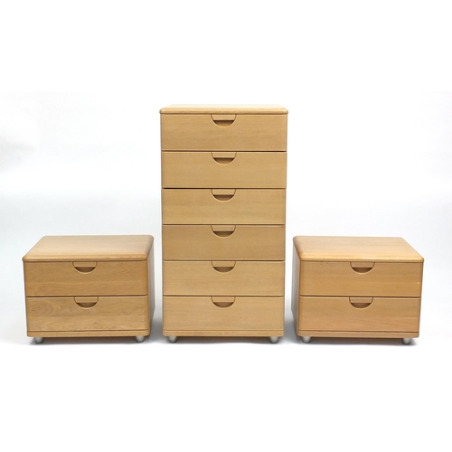 122 - Contemporary limed oak five drawer chest, tall six drawer chest and a pair of matching two drawer ni... 