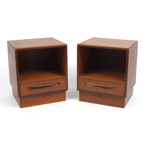 90 - Pair of vintage G-Plan teak night stands, each with an open shelf above a drawer, 54cm high