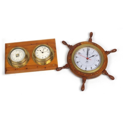 283 - Brass wall clock/barometer, a ships wheel clock and a President wall clock