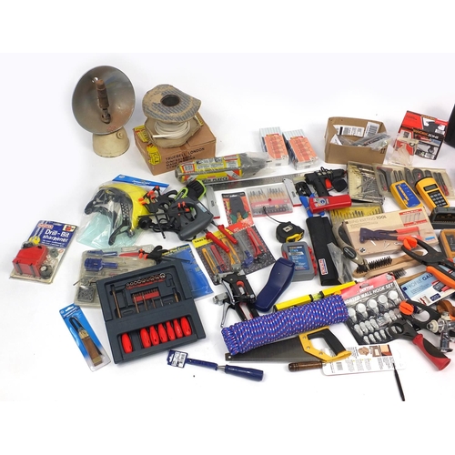 607 - Large selection of tools some as new including drill bits, screwdrivers, spanners and a glue gun