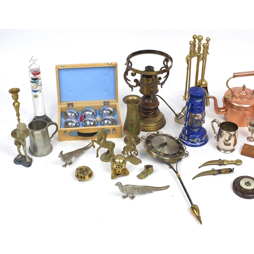 586 - Box of assorted metalware including copper and brass items, fire tools and a coal bucket