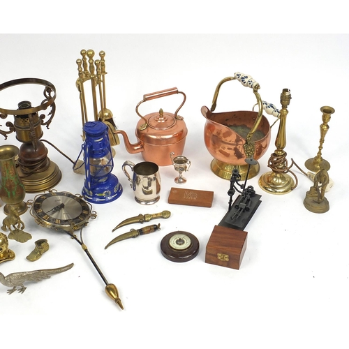 586 - Box of assorted metalware including copper and brass items, fire tools and a coal bucket