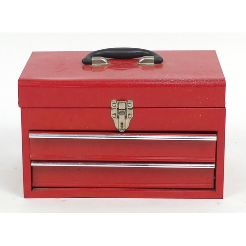 569 - Red metal tool box with socket set and tools