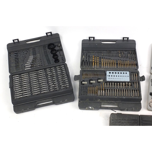 610 - Five cased sets of drill bits and socket sets including Workzone and Rolson examples