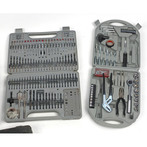 610 - Five cased sets of drill bits and socket sets including Workzone and Rolson examples