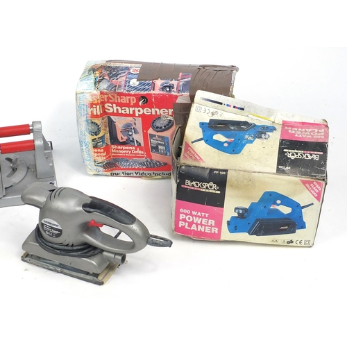 612 - Assorted electrical tools including a drill sharpener, Orbital sander and a tile cutter