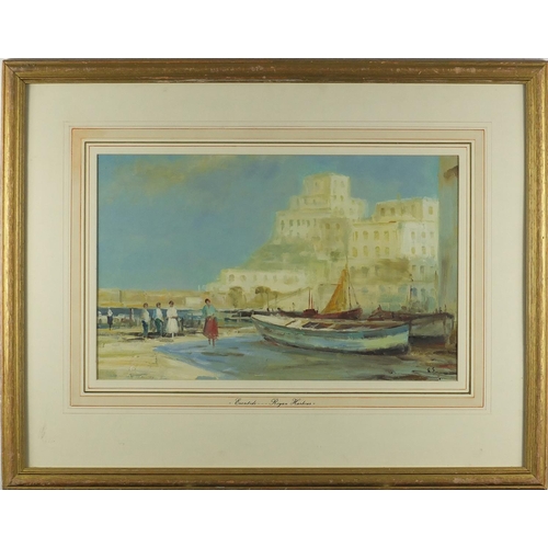 102 - Eventide, Royan Harbour, oil onto canvas board, bearing a monogram ES, mounted and framed, 45cm x 28... 