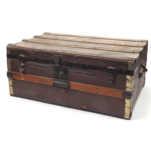 138 - Vintage wooden bound travelling trunk with carrying handles and lift out tray, 33cm H x 77cm W x 48c... 