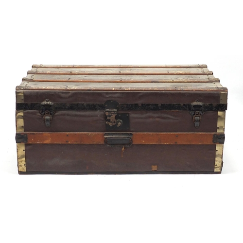 138 - Vintage wooden bound travelling trunk with carrying handles and lift out tray, 33cm H x 77cm W x 48c... 