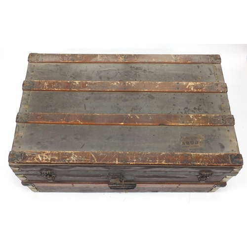 138 - Vintage wooden bound travelling trunk with carrying handles and lift out tray, 33cm H x 77cm W x 48c... 