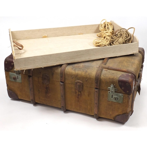 154 - Vintage wooden bound canvas travelling trunk with carrying handles and lift out tray, 31cm H x 86cm ... 