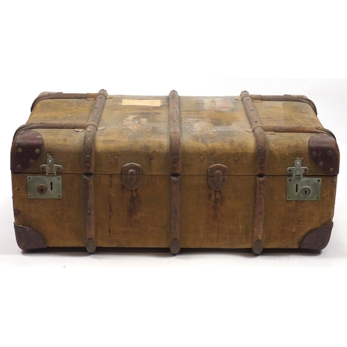 154 - Vintage wooden bound canvas travelling trunk with carrying handles and lift out tray, 31cm H x 86cm ... 