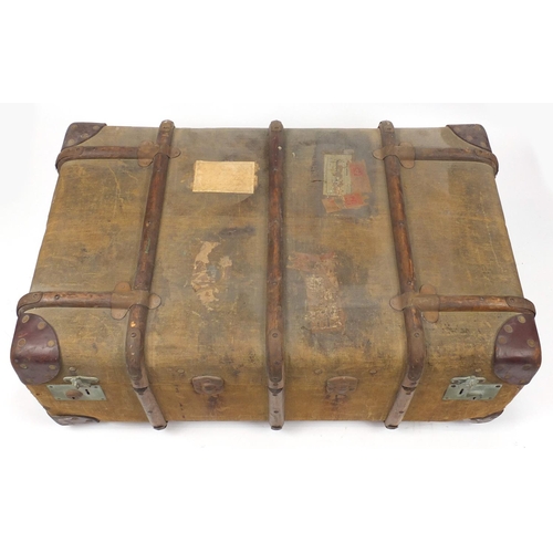 154 - Vintage wooden bound canvas travelling trunk with carrying handles and lift out tray, 31cm H x 86cm ... 