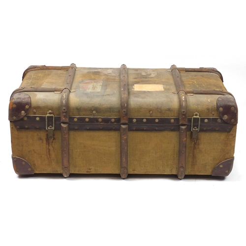 154 - Vintage wooden bound canvas travelling trunk with carrying handles and lift out tray, 31cm H x 86cm ... 