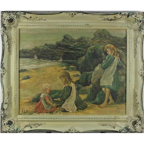 218 - Young girls on beach, Scottish school, oil on canvas board, bearing a monogram SLH, framed, 49cm x 3... 