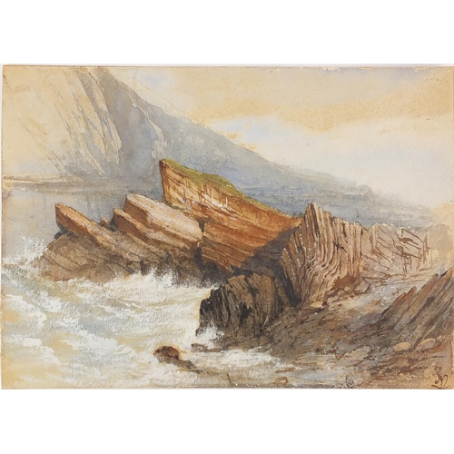 236 - Coastal scenes, one titled Daddy Hole Torquay, two 19th century heightened watercolours onto card, b... 