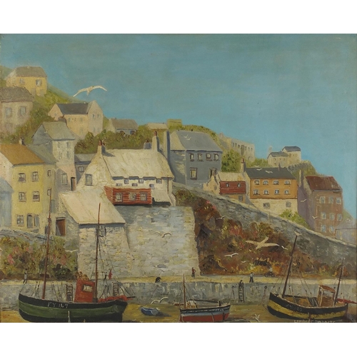 239 - Lambert Barrett - Cornish fishing village with moored boats, oil on canvas, framed, 55cm x 45cm