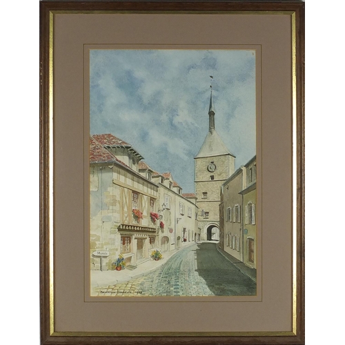 241 - Berwick Coates 1985 - French street scene, watercolour, mounted and framed, 35cm x 23cm