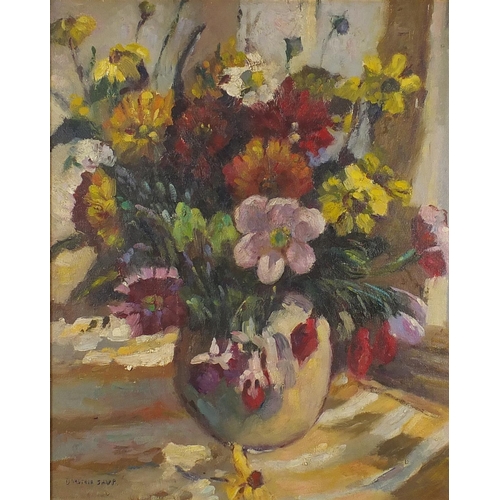 253 - Manner of Dorothea Sharp - Still life flowers in a vase, oil on board, mounted and framed, 50cm x 39... 