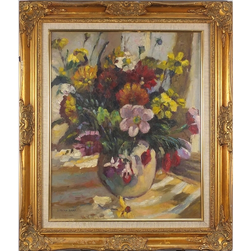 253 - Manner of Dorothea Sharp - Still life flowers in a vase, oil on board, mounted and framed, 50cm x 39... 