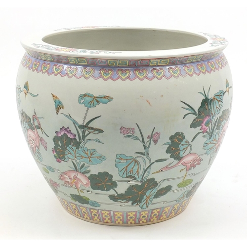 286 - Large Chinese porcelain fish bowl hand painted in the Famille rose palette with flamingos, flowers a... 