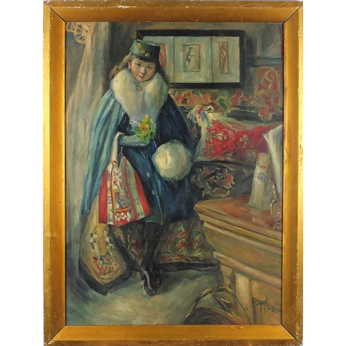 388 - Female in an interior holding flowers, oil on board, bearing an indistinct signature Prid? label ver... 