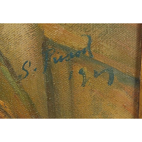 388 - Female in an interior holding flowers, oil on board, bearing an indistinct signature Prid? label ver... 