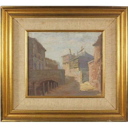 426 - Path beside a canal, French impressionist oil onto board, inscribed verso, mounted and framed, 26cm ... 