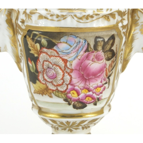 443 - Pair of Meissen style porcelain urn vases and covers, with rams head handles, both hand painted with... 