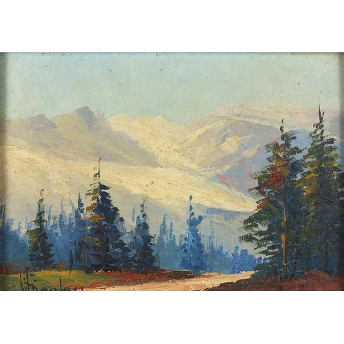 445 - W Hanley - The Yoho Glacier, pair of oil onto boards, one with part labels verso, both framed, each ... 