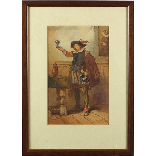 490 - Charles Cattermole - Man in an interior, 19th century watercolour, mounted and framed, 24cm x 14.5cm