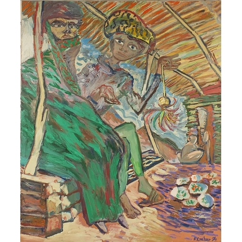 509 - Frank Creber - Unframed oil onto canvas study of a Middle Eastern couple, dated '94, 102cm x 92cm