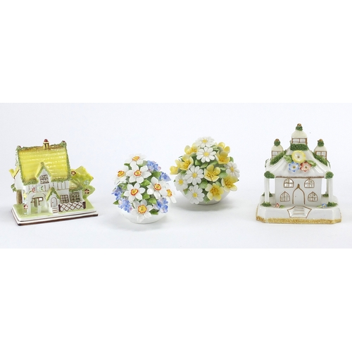 449A - Three Coalport pastille burners and five Royal Doulton and Coalport flowers, the largest 11cm high