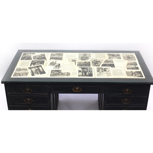 78 - Painted pine twin pedestal desk, the top with colonial paper cuttings, 75cm H x 155cm W x 76cm D