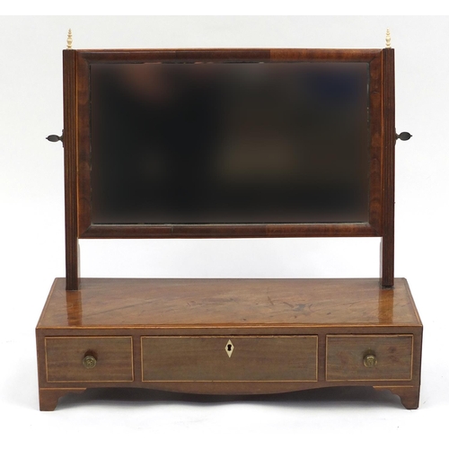 88 - Edwardian inlaid mahogany toilet mirror, fitted with three drawers to the base and bone finials, 55c... 