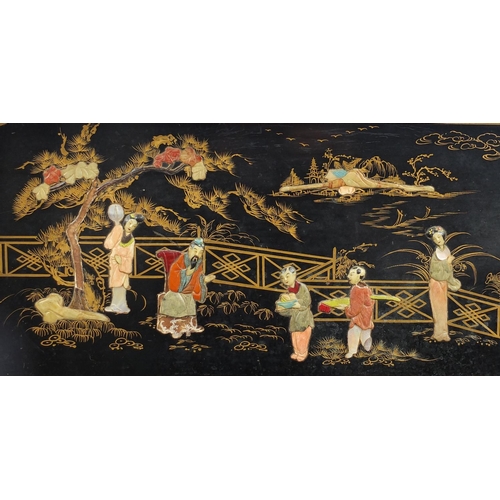 89 - Oriental hardwood and black lacquered cocktail cabinet, decorated in relief with figures, 88cm H x 7... 