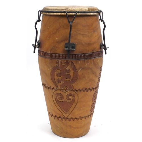 80 - African carved wood and animal skin drum, 65cm high