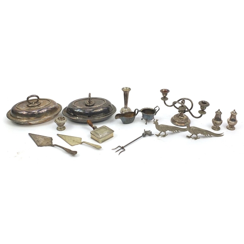 195 - Silver plated items including entrée dishes, pheasants and sauce boats