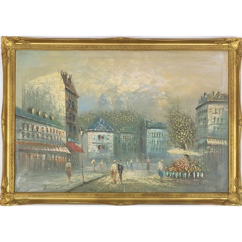 44 - Burney oil on canvas - Parisian street scene, framed, 91cm x 60cm