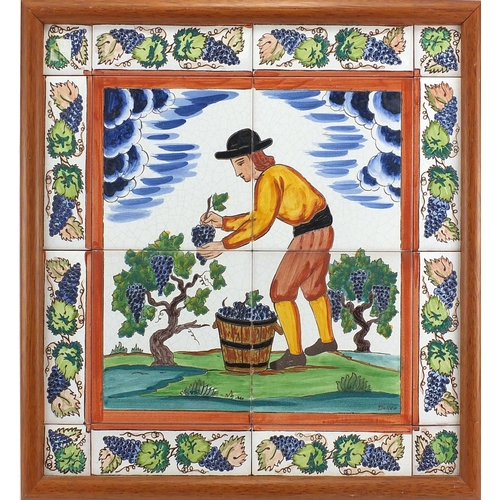 167 - Two sets of continental Vineyard tiles, signed 'Doller', framed, 43cm x 43cm