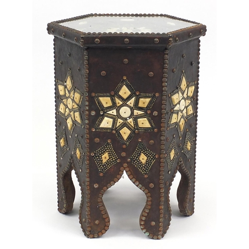 34 - Middle Eastern occasional table, relief decorated with bone panels, 53cm high