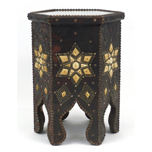 34 - Middle Eastern occasional table, relief decorated with bone panels, 53cm high