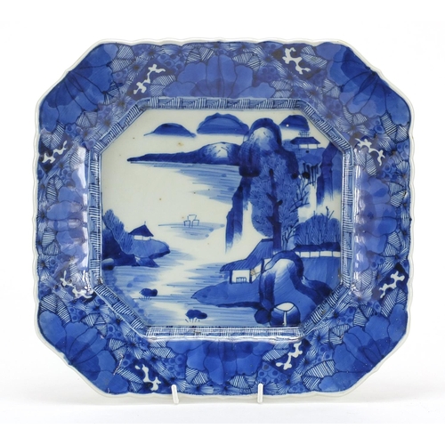 602 - Chinese blue and white porcelain square footed dish, hand painted with a river landscape, four figur... 