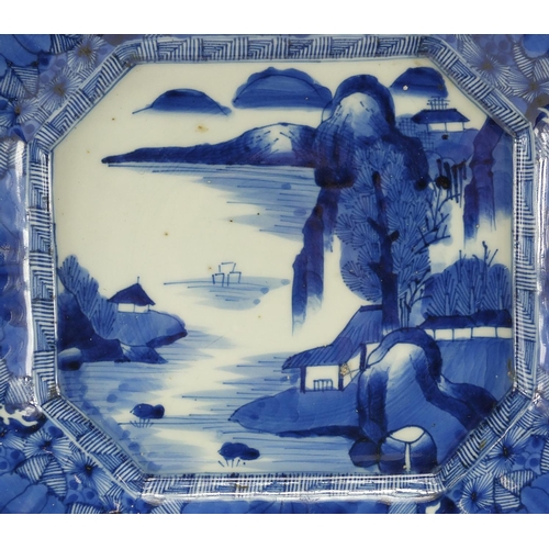 602 - Chinese blue and white porcelain square footed dish, hand painted with a river landscape, four figur... 