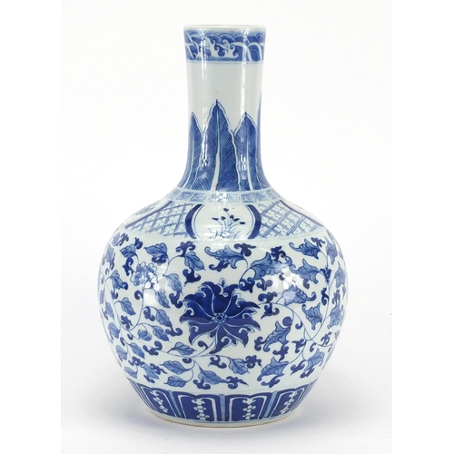 593 - Chinese blue and white porcelain vase, finely hand painted with flower heads and foliate scrolls, 33... 