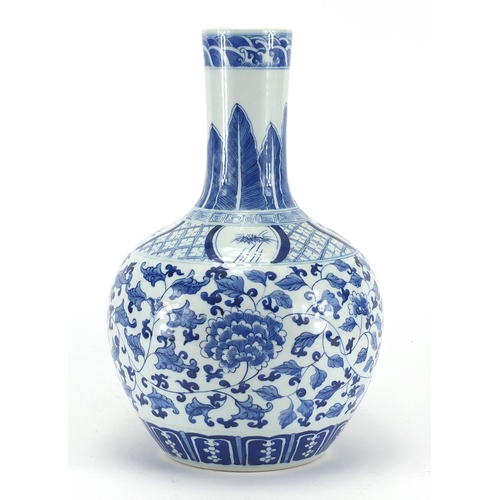 593 - Chinese blue and white porcelain vase, finely hand painted with flower heads and foliate scrolls, 33... 