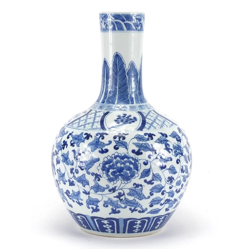 593 - Chinese blue and white porcelain vase, finely hand painted with flower heads and foliate scrolls, 33... 