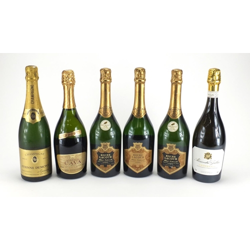 2111 - Six bottles of Champagne and Prosecco including Roche Lacour and Etienne Dumont